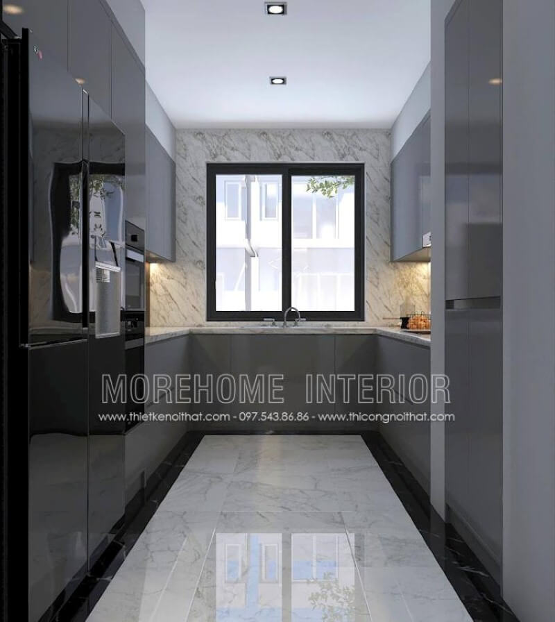 Với không gian bếp không được lớn, bạn nên bố trí nội thất với tủ bếp hình chữ U hiện đại gỗ acrylic trong đây với một bên bố trí tủ lạnh, lò vi sóng, lò nướng một bên là bếp từ nấu và tủ bếp đựng bát đĩa, xoong nồi cần thiết và ở giữa là chậu rửa là một trong những gợi ý giúp không gian bếp được phát huy tối đa công năng. Thiết kế và sản xuất tủ bếp đẹp