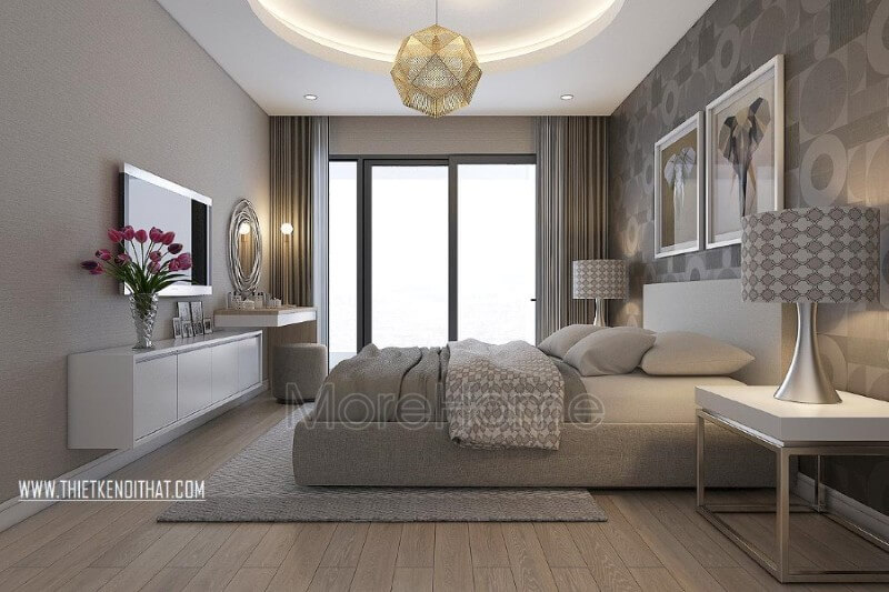 Thiết kế nội thất phòng ngủ chung cư hiện đại khoác lên mình lớp vẻ ngoài tinh tế hoàn hảo, tone màu ghi nâu trầm ấm áp mang đến cảm giác gần gũi và an toàn cho gia chủ. thiết kế phòng ngủ