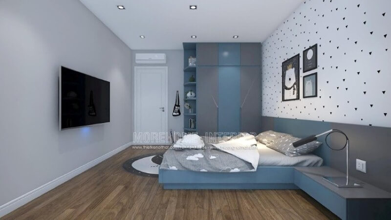 Tủ quần áo gỗ đẹp độc đáo với gam màu nổi bật xanh dương và xám cho phòng bé trai. thiết kế phòng ngủ