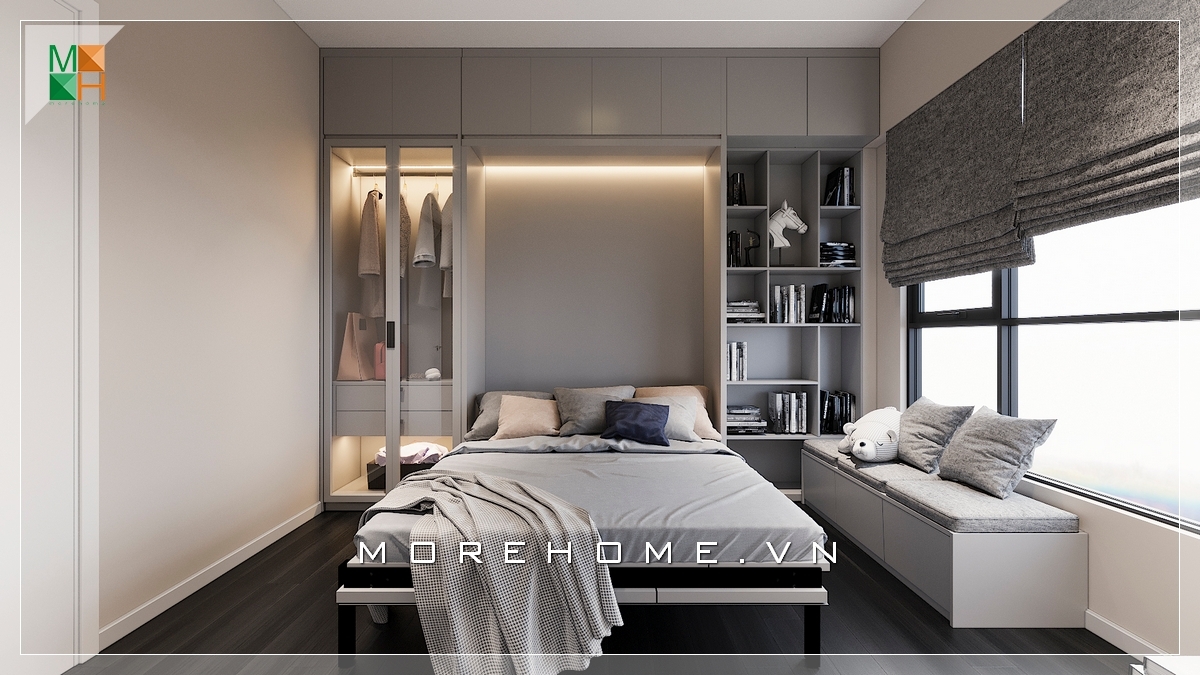 Thiết kế phòng ngủ thông minh với mẫu tủ quần áo liền giường đẹp, lựa chọn hoàn hảo để tăng độ thông thoáng cho phòng ngủ hiện đại nhà chung cư. thiết kế phòng ngủ