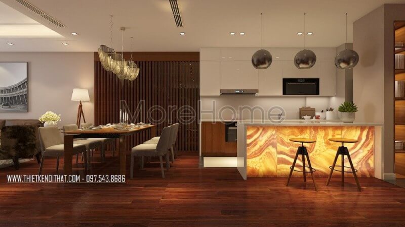 Thiết kế nội thất phòng bếp chung cư nhỏ gọn không quá phô trương về diện tích với đầy đủ các vật dụng cần thiết cho một căn bếp hiện đại. Nội thất phòng bếp