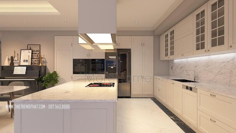 Phòng bếp được thiết kế tinh tế trong gam màu trắng tinh khôi với thiết bị bếp được lựa chọn mẫu thiết bị cao cấp nhất Nội thất phòng bếp
