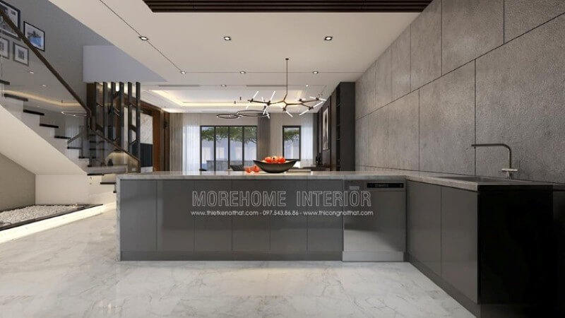 Thông thường bạn sẽ thấy khu vực bàn đảo sẽ nằm trong phòng bếp để có thể đáp ứng kịp thời nhu cầu ngay trong phòng bếp, điều này đòi hỏi phòng bếp phải khá rộng, nhưng nếu hẹp về bề ngang bạn vẫn có thể sở hữu không gian bếp đảo tuyệt đẹp như trong ý tưởng thiết kế nội thất tại biệt thự Parkcity bởi Nội thất Morehome. Nội thất phòng bếp