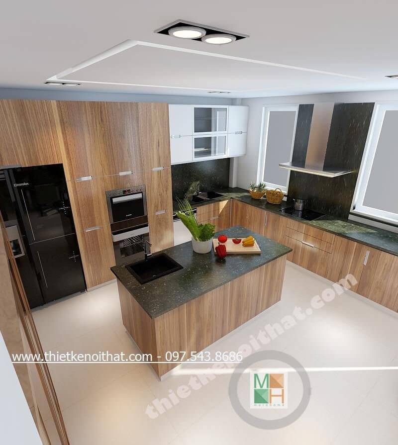 Mẫu tủ bếp chữ L gỗ công nghiệp kết hợp đá ốp bàn bếp màu đen cao cấp, đẹp hiện đại Nội thất phòng bếp