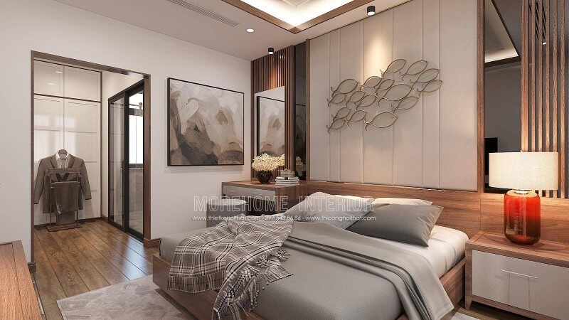 Thiết kế nội thất phòng ngủ nam khép kín cùng một khoảng diện tích vừa phải thuận tiện cho việc thay đồ là một ý tưởng khá độc đáo trong biệt thự hiện đại Vinhomes Imperia Hải Phòng. Thiết kế phòng ngủ biệt thự