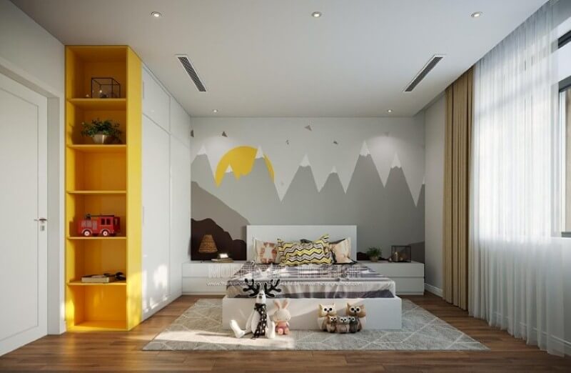 Trang trí phòng bé cuốn hút với cách trang trí tranh dán tường sinh động và lối thiết kế tối giản tạo khoảng trống tối đa cho phòng bé. Thiết kế phòng ngủ biệt thự