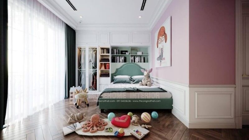 Tủ quần áo liền kệ để đồ đẹp, sang trọng co phòng bé gái. Thiết kế phòng ngủ biệt thự