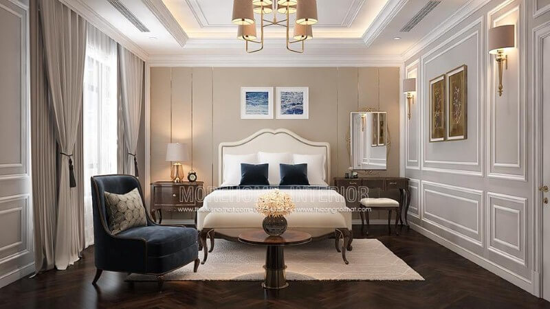 Bố trí phòng ngủ master tân cổ điển sang trọng, quý phái ấn tượng với nội thất gỗ óc chó tự nhiên cao cấp. Thiết kế phòng ngủ biệt thự