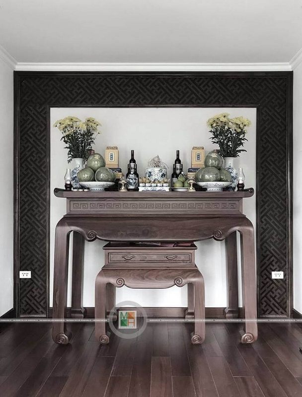 Thi công phòng thờ gỗ óc chó đẹp tại biệt thự ecopark Hưng Yên