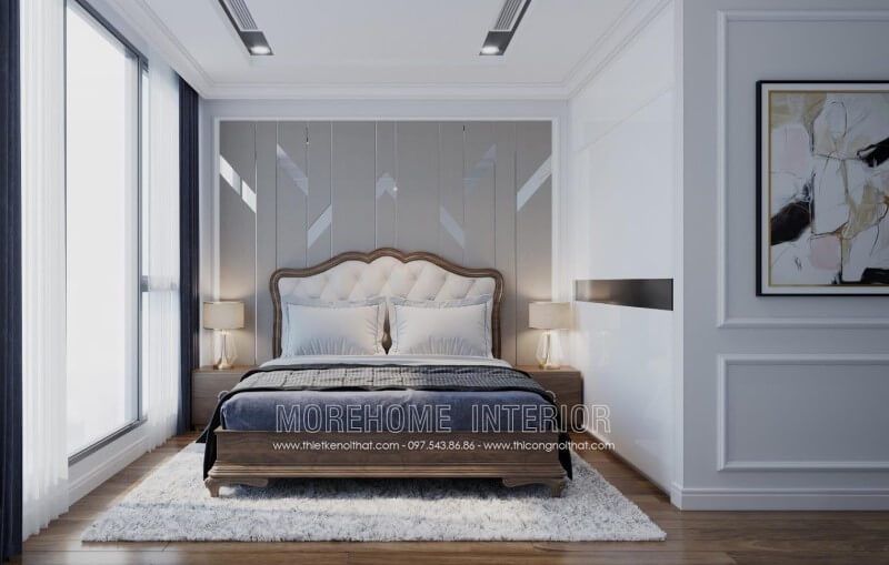Thiết kế nội thất phòng ngủ đẹp với sản phẩm giường gỗ óc chó cao cấp, đầu giường bọc da
