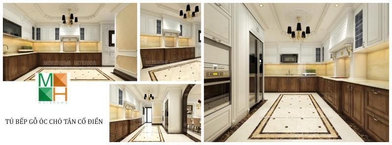 Lựa chọn tủ bếp tân cổ điển bằng gỗ óc chó tân cổ điển đang là trào lưu mới , nhằm thay đổi phong cách , mẫu mã tủ bếp truyền thống.