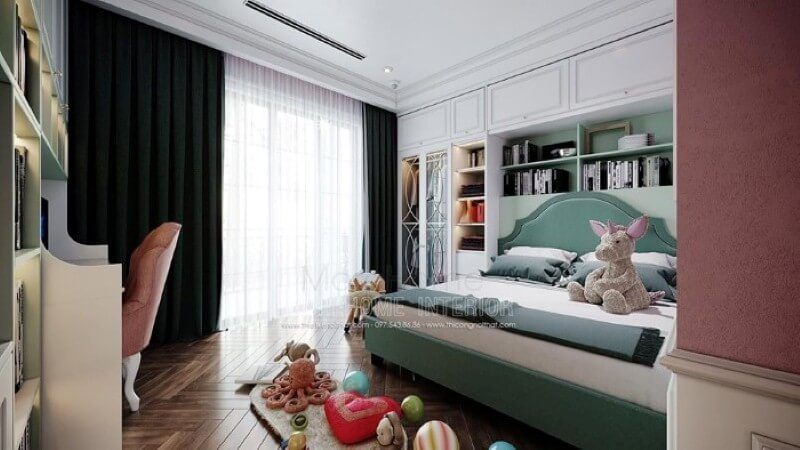 Thiết kế nội thất phòng ngủ bé gái ấn tượng với bố trí giường ngủ, kệ tủ trang trí khoa học giúp không gian thông thoáng tối đa nhưng vẫn đảm bảo công năng, tính thẩm mỹ.
