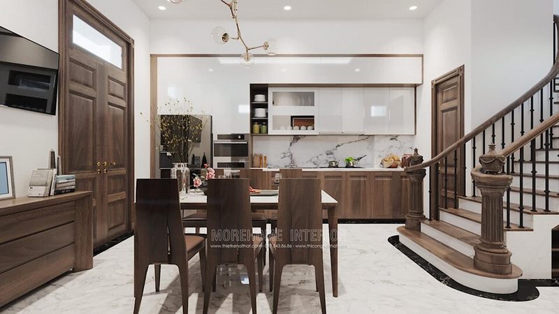 Mẫu bàn ăn khung gỗ óc chó chắc chắn, mặt đá ốp bàn đá tự nhiên màu trắng làm nổi bật không gian ăn uống và dễ vệ sinh sạch sẽ