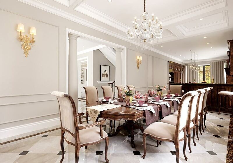 Mẫu bàn ăn tân cổ điển cho không gian phòng bếp biệt thự thêm sang trọng