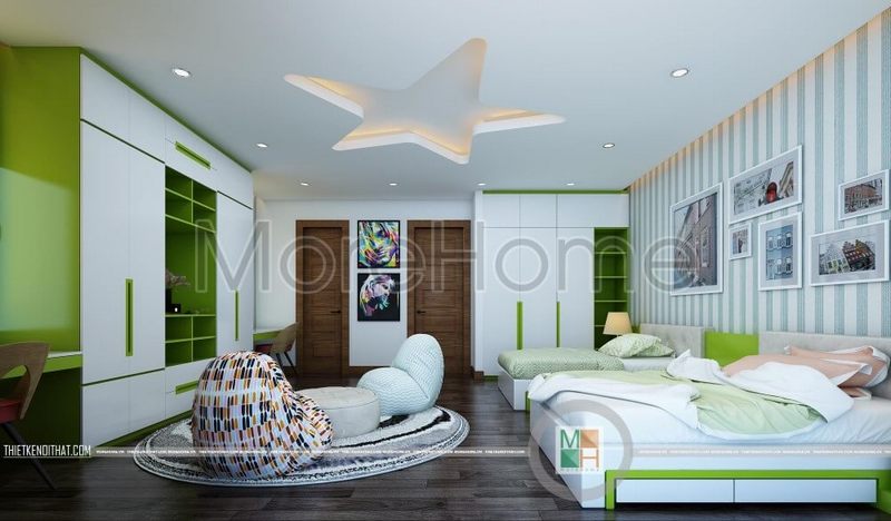 Nội thất kệ, tủ quần áo gỗ gọn gàng, có thể giảm diện tích nhưng vẫn đảm bảo sự tiện nghi cho căn phòng.