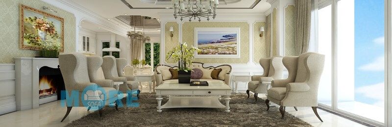 Sofa Tân cổ điển bọc nỉ màu trắng nổi bật kết hợp với các vật dụng cùng tông trong phòng tạo cảm giác phóng khoáng cho phòng khách của gia chủ