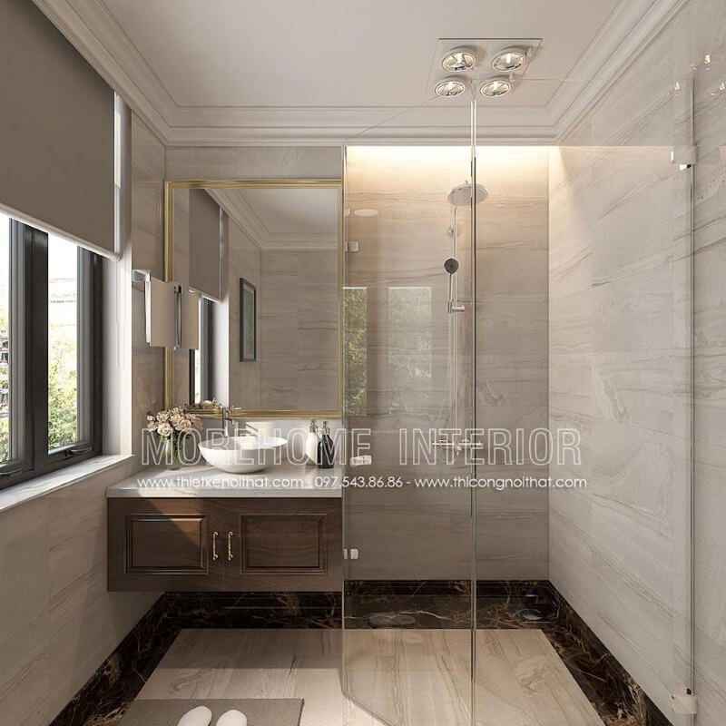 Tủ lavabo gỗ óc chó với gam màu nâu trầm kết hợp với ốp đá nhân tạo màu trắng tạo nên một phong cách sang trọng và quyến rũ hơn.